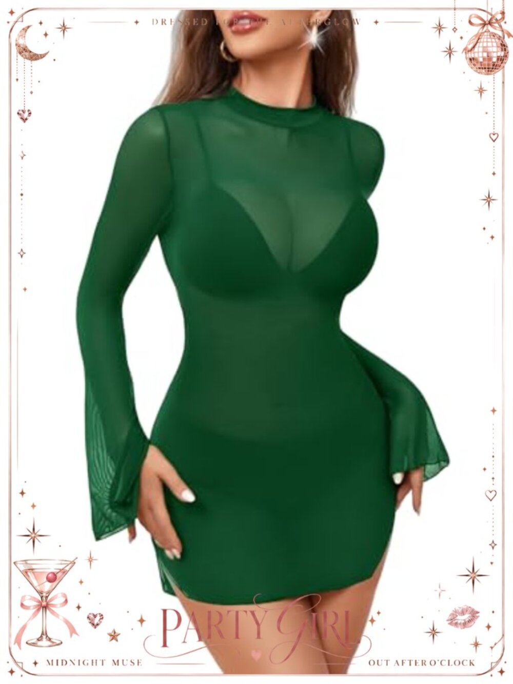 Mesh Mini Dress Bell Sleeve Bodycon Turtle Neck Split Long Sleeve Party
